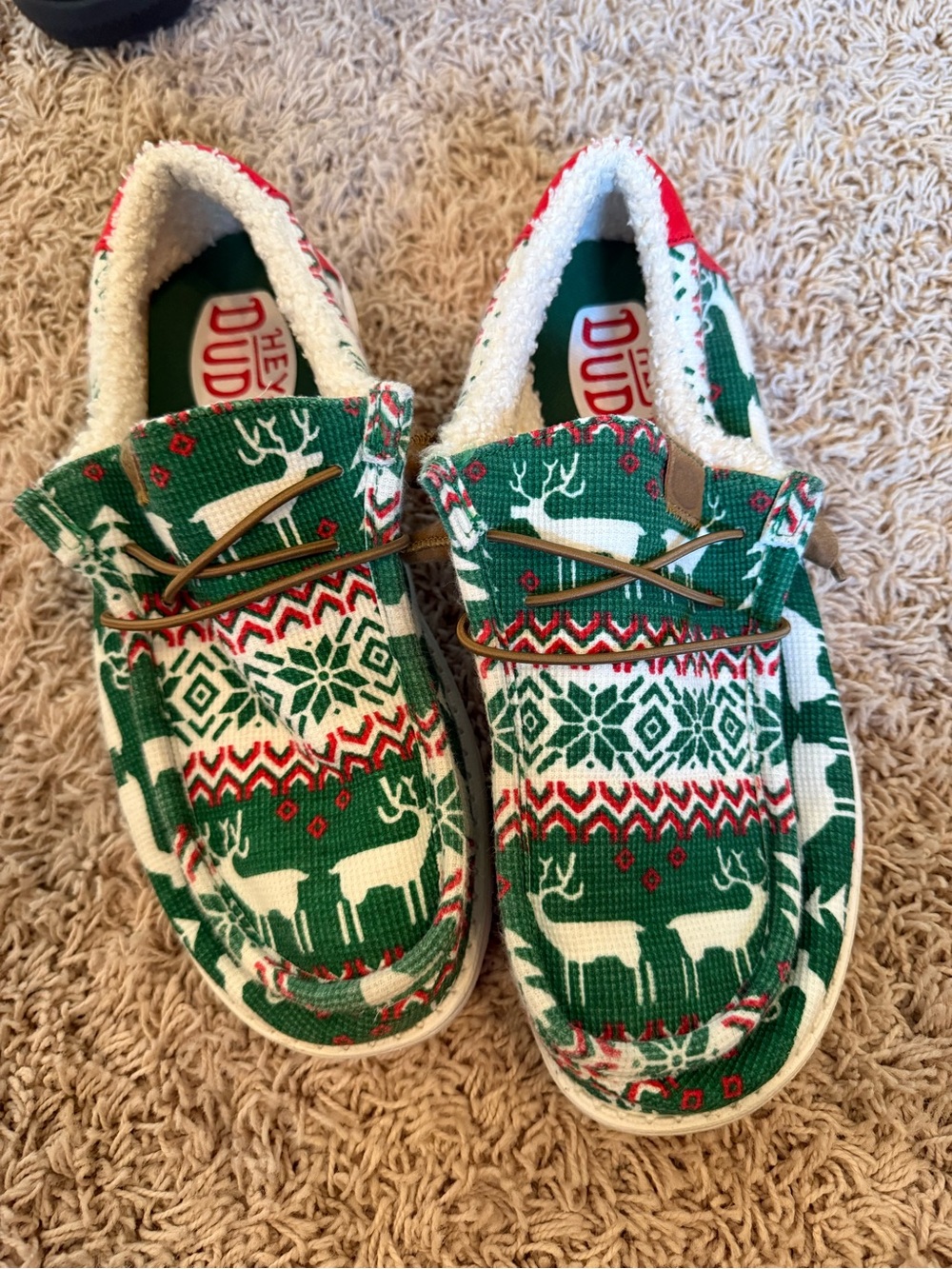Hey Dude Kids Green White and Red Reindeer Pattern Slip-Ons